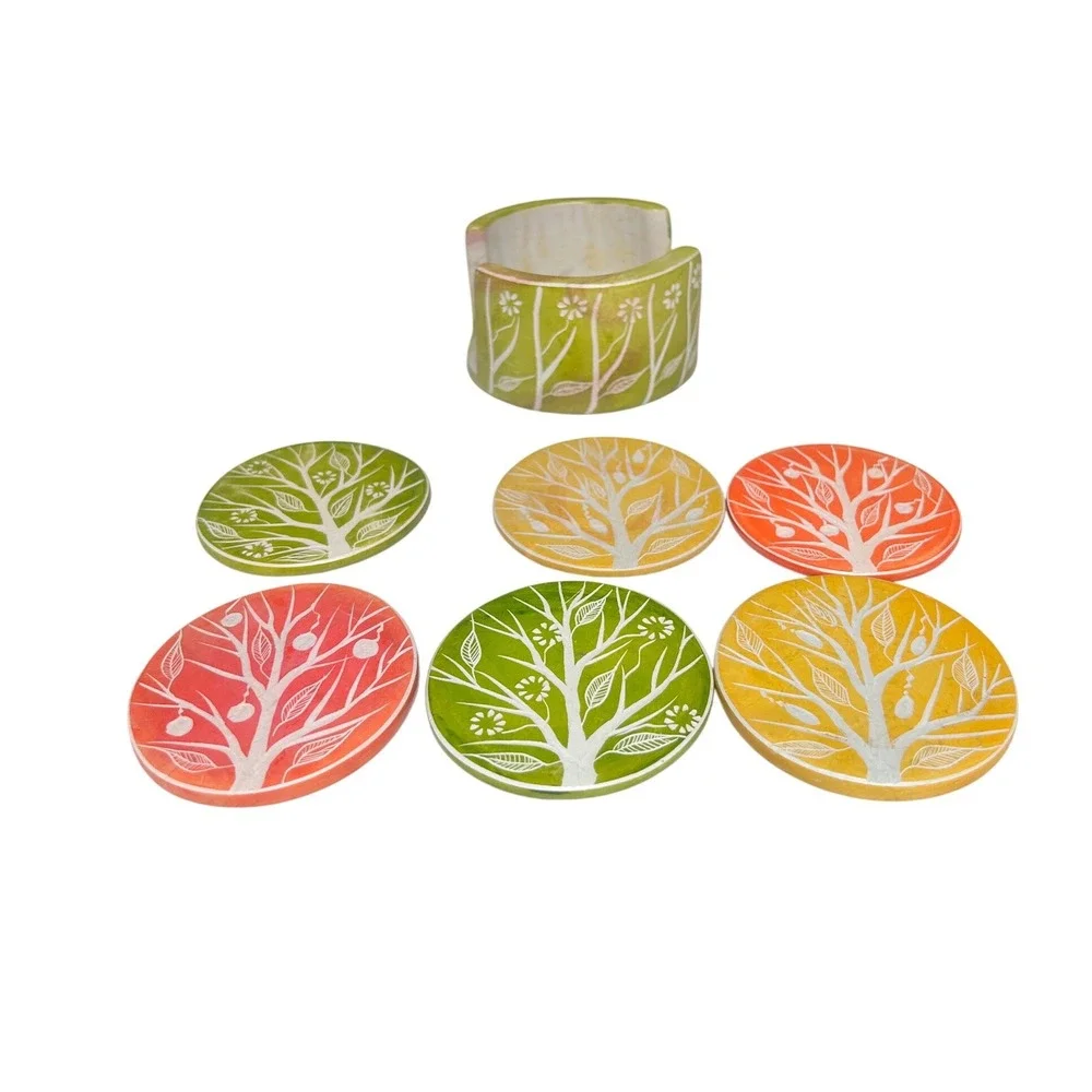 Ten Thousand Villages Orchard Tree Coaster Set Kenya Soapstone Hand Carved 6pc